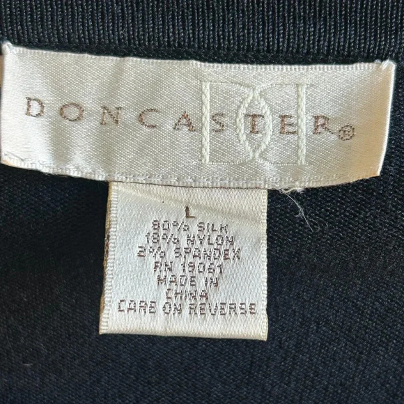 Doncaster Black Tan Fringe Lightweight Silk Blend Cardigan Sweater Size Large - Picture 2 of 5